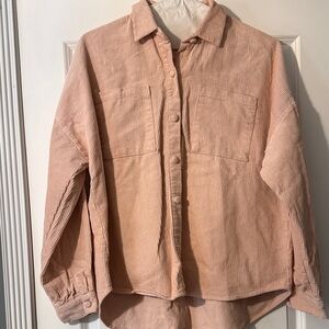 Button-Down Corduroy Shirt Jacket in Blush Pink